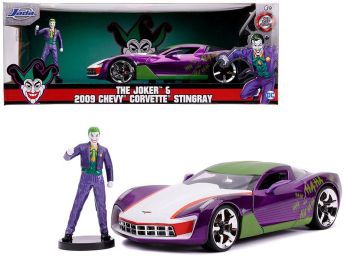 2009 Chevrolet Corvette Stingray with Joker Diecast Figurine \DC Comics\" Series 1/24 Diecast Model Car by Jada"""