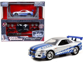 Model Kit Brian\'s Nissan Skyline GT-R R34 Silver and Blue \Fast & Furious\" Movie \""Build N\' Collect\"" 1/55 Diecast Model Car by Jada"""