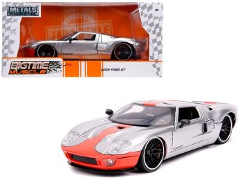 2005 Ford GT Silver with Orange Stripe \Bigtime Muscle\" 1/24 Diecast Model Car by Jada"""
