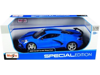 2020 Chevrolet Corvette Stingray C8 Coupe with High Wing Blue with Black Stripes 1/18 Diecast Model Car by Maisto