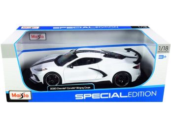 2020 Chevrolet Corvette Stingray C8 Coupe with High Wing White with Black Stripes 1/18 Diecast Model Car by Maisto