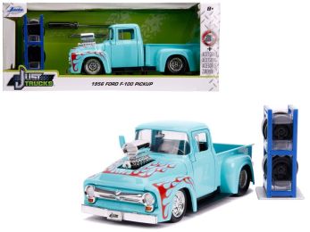 1956 Ford F-100 Pickup Truck Turquoise with Red Flames with Extra Wheels \Just Trucks\" Series 1/24 Diecast Model Car by Jada"""