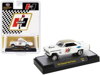 1967 Chevrolet Nova Gasser \Hurst\" Pearl White with Gold Stripes Limited Edition to 7150 pieces Worldwide 1/64 Diecast Model Car by M2 Machines"""