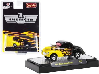 1941 Willys Coupe Gasser Black with Yellow Flames Limited Edition to 6050 pieces Worldwide 1/64 Diecast Model Car by M2 Machines