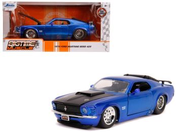 1970 Ford Mustang Boss 429 Candy Blue with Black Hood \Bigtime Muscle\" 1/24 Diecast Model Car by Jada"""