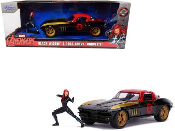 1966 Chevrolet Corvette with Black Widow Diecast Figurine \Avengers\" \""Marvel\"" Series 1/24 Diecast Model Car by Jada"""