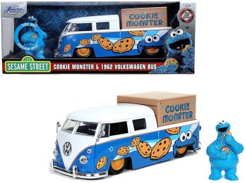 1962 Volkswagen Pickup Bus with Cookie Monster Diecast Figurine with Sound \Sesame Street\" TV Series 1/24 Diecast Model Car by Jada"""