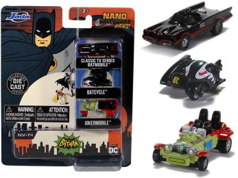 \Batman\" (1966-1968) Classic TV Series 3 piece Set \""Nano Hollywood Rides\"" Diecast Models by Jada"""