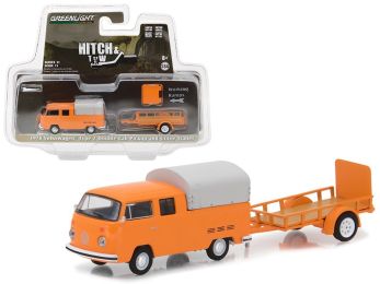 1978 Volkswagen Type 2 Double Cab Pickup Truck Orange with Utility Trailer \Hitch & Tow\" Series 11 1/64 Diecast Model Car by Greenlight"""