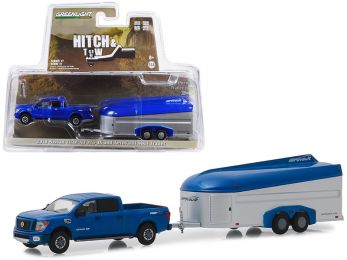 2018 Nissan Titan XD Pro-4X Pickup Truck Dark Blue and Aerovault MKII Trailer \Hitch & Tow\" Series 17 1/64 Diecast Model Car by Greenlight"""