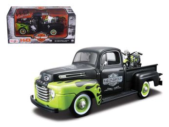 1948 Ford F-1 Pickup Truck \Harley Davidson\ with 1948 Harley Davidson FL Panhead Motorcycle Black and Green 1/24 Diecast Models by Maisto