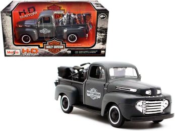 1948 Ford F-1 Pickup Truck and 1942 Harley-Davidson WLA Flathead Motorcycle Matt Dark Gray \Harley-Davidson Custom\" 1/24 Diecast Models by Maisto"""
