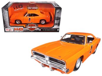 1969 Dodge Charger R/T #1 \Harley Davidson\" Orange with Black Tail Stripe 1/25 Diecast Model Car by Maisto"""