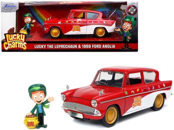 1959 Ford Anglia Red and White with Lucky the Leprechaun Diecast Figurine \Lucky Charms\" 1/24 Diecast Model Car by Jada"""