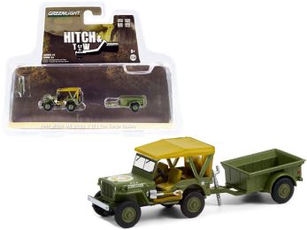 1943 Willys MB Jeep Army Green with Brown Top and 1/4 Ton Cargo Trailer Army Green Hitch & Tow Series 22 1/64 Diecast Model Car by Greenlight