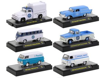 \Auto Trucks\" Set of 6 pieces Release 57 \""Pan American World Airways\"" (Pan Am) IN DISPLAY CASES 1/64 Diecast Model Cars by M2 Machines"""