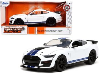2020 Ford Mustang Shelby GT500 White with Blue Stripes \Bigtime Muscle\" 1/24 Diecast Model Car by Jada"""