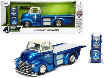 1952 Chevrolet COE Flatbed Tow Truck \Crown Towing\" Candy Blue and Cream with Extra Wheels \""Just Trucks\"" Series 1/24 Diecast Model Car by Jada"""