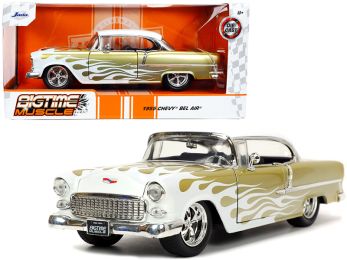 1955 Chevrolet Bel Air White and Gold with Flames Bigtime Muscle Series 1/24 Diecast Model Car by Jada