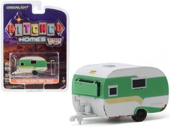1959 Catolac DeVille Travel Trailer Green and White (Unrestored) \Hitched Homes\" Series 7 1/64 Diecast Model by Greenlight"""