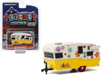 1962 Shasta Airflyte Travel Trailer \Peace and Love\" Yellow and Cream \""Hitched Homes\"" Series 8 1/64 Diecast Model by Greenlight"""