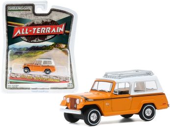 1971 Jeep Jeepster Commando with Roof Rack Orange with White Top \All Terrain\" Series 10 1/64 Diecast Model Car by Greenlight"""
