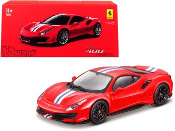 Ferrari 488 Pista Red with White and Blue Stripes with Black Wheels \Ferrari Signature Series\" 1/43 Diecast Model Car by Bburago"""