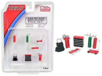 Mechanic Tool Set of 7 pieces Red for 1/64 Scale Models by American Diorama