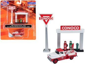 1955 Chevrolet Tow Truck White and Red with 1950\'s Service Station Sign and Gas Pump Island \Conoco\" 1/87 (HO) Scale Model by Classic Metal Works"""