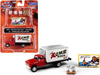 1955 Chevrolet Box Truck Red and White with Building Sign and 3 Beer Kegs with Skid \Acme Beer\" 1/87 (HO) Scale Models by Classic Metal Works"""