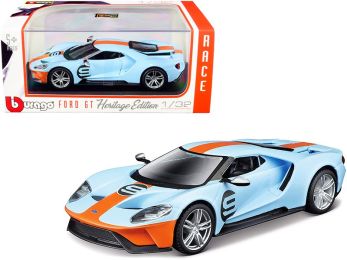 Ford GT #9 Light Blue with Orange Stripes Heritage Edition 1/32 Diecast Model Car by Bburago