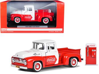 1955 Ford F-100 Pickup Truck Red and White with Vending Machine Accessory \Coca-Cola\" 1/24 Diecast Model Car by Motorcity Classics"""