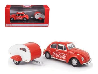 1967 Volkswagen Beetle Red with Teardrop Travel Trailer Red and White \Coca-Cola\" 1/43 Diecast Model Car by Motorcity Classics"""
