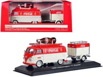 1960 Volkswagen T1 Kombi Van with Trailer Red and Cream \Coca Cola\" 1/43 Diecast Model Car by Motorcity Classics"""