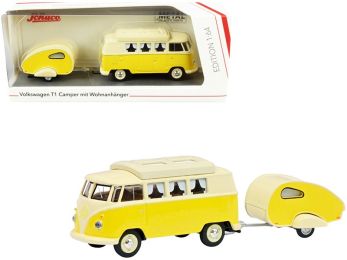 Volkswagen T1 Camper Bus with Travel Trailer Yellow and Cream 1/64 Diecast Models by Schuco