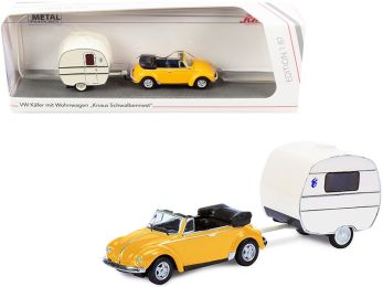 Volkswagen Kafer Convertible Yellow with Knaus Schwalbennest Travel Trailer Cream 1/87 (HO) Diecast Model Car by Schuco