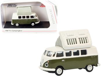 Volkswagen T1 Camper Bus with Pop-Top Roof Green and Cream 1/87 (HO) Diecast Model by Schuco
