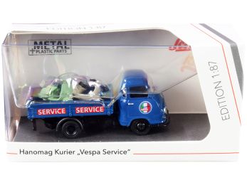 Hanomag Kurier Transporter Vespa Service Blue with 2 Vespas (Green and Cream) 1/87 (HO) Diecast Models by Schuco
