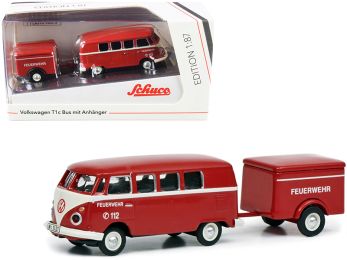 Volkswagen T1c Bus with Trailer Red and Cream \Feuerwehr\ (Fire Department) 1/87 (HO) Diecast Models by Schuco