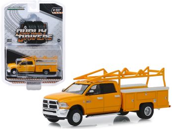 2018 RAM 3500 Laramie Service Bed Truck with Ladder Rack Yellow \Dually Drivers\" Series 2 1/64 Diecast Model Car by Greenlight"""