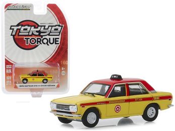 1970 Datsun 510 4-Door Sedan Custom \Nihon Kotsu\" Taxi Yellow and Red \""Tokyo Torque\"" Series 7 1/64 Diecast Model Car by Greenlight"""