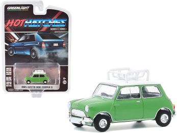1965 Austin Mini Cooper S with Roof Rack Green with White Top \Hot Hatches\" Series 1 1/64 Diecast Model Car by Greenlight"""