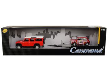 Land Rover Defender 110 Red and White Top with Trailer and Mini Cooper #113 \British Racing\" 1/43 Diecast Model Cars by Cararama"""