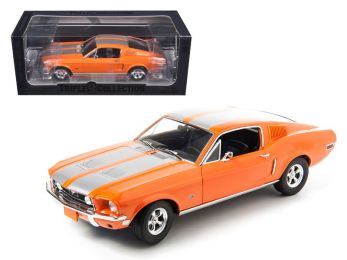 1968 Ford Mustang GT Fastback Orange with Silver Stripes \Triple 9 Collection\" 1/18 Diecast Model Car by Greenlight"""