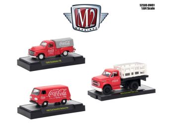 \Coca-Cola\" Set of 3 Cars Release 1 Limited Edition to 4800 pieces Worldwide Hobby Exclusive 1/64 Diecast Models by M2 Machines"""