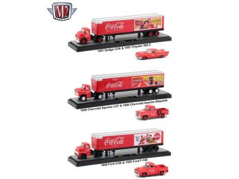 Auto Haulers \Coca-Cola\" 3 Trucks Set 1/64 Diecast Models by M2 Machines"""
