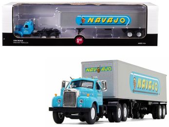Mack B-61 Day Cab with 40\' Vintage Trailer \Navajo\" Turquoise and Silver 1/64 Diecast Model by First Gear"""