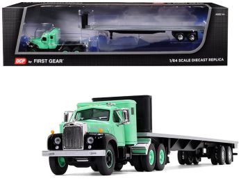 Mack B-61 with Sleeper Cab and 48\' Flatbed Trailer Antique Green 1/64 Diecast Model by DCP/First Gear