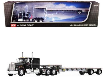 Kenworth W900A 60 Flattop Sleeper Cab with Transcraft Stepdeck Spread-Axle Trailer IMT Transport Black 1/64 Diecast Model by DCP/First Gear