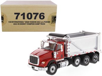 International HX620 Tandem Axle with Pusher Axle OX Stampede Dump Truck Red and Chrome Transport Series 1/50 Diecast Model by Diecast Masters